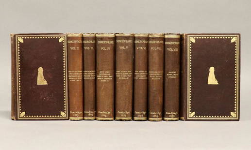 Shakespeare's Works, Important Edition: Shakespeare, William; Clark, William George; Wright, William Aldis; Glover, John. THE WORKS OF WILLIAM SHAKESPEARE. Cambridge and London: MacMillan and Co., 1863â€“1866. 8vo. 9 volume set. Here p