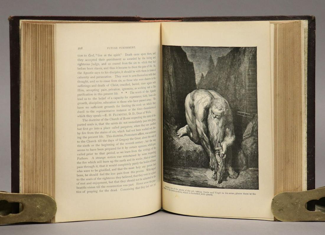 [Gustave Dore Illustration]: Cochrane, William. FUTURE PUNISHMENT; OR DOES DEATH END PROBATION? Brantford: Bradley, Garretson, 1886. 8.5" x 6". Publisher's morocco stamped in gilt and blind. A nice example exhibiting little signs