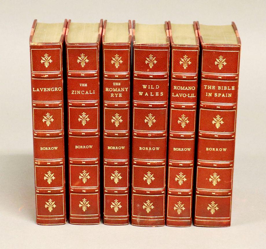 [Fine Bindings] Works by George Borrow: Set of 6 volumes of works by George Borrow. 8vo. All published in London by John Murray from 1907 to 1923. 5 with frontispieces, others with further plates throughout. Finely bound by Bayntun in red 1