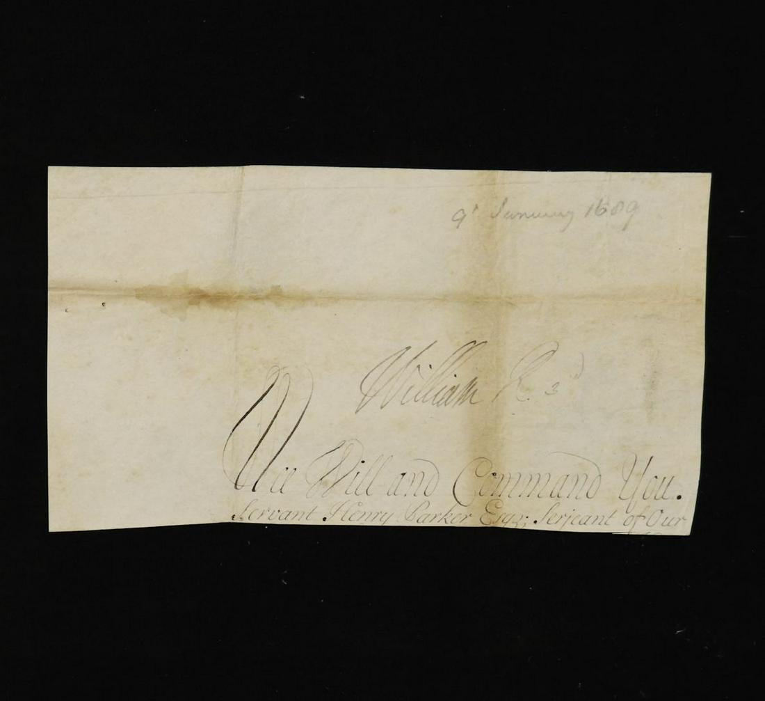 King William III, Signature on Vellum: Signature of King William III, ink on vellum from a larger document. 8" x 4.25". Pencilled note dates the signature January 9, 1689. Accompanied by mounted photogravure. Among his notable achievements