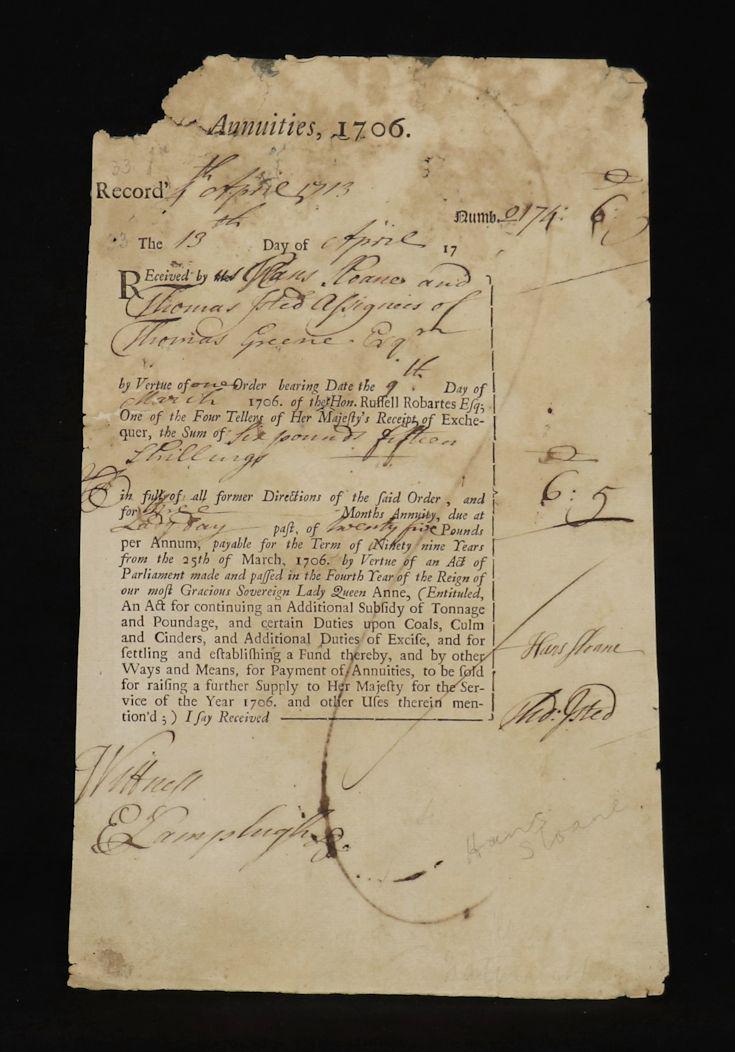 Naturalist Hans Sloane, Signed Document (1 of 4)