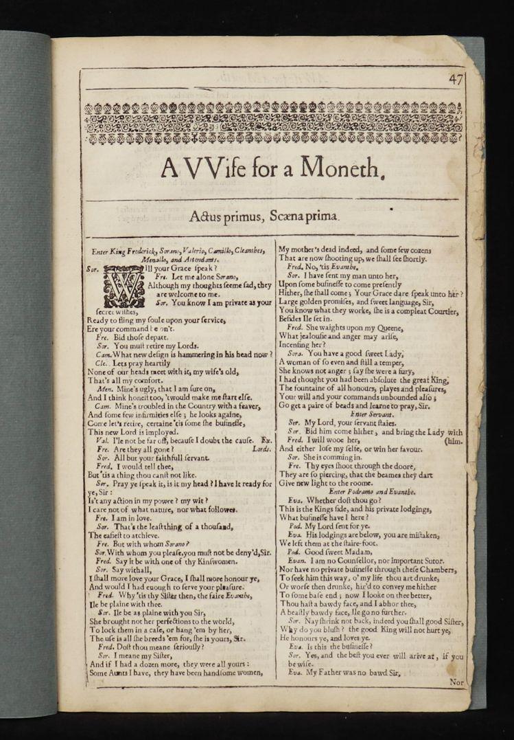 Beaumont and Fletcher, First Edition: Beaumont, Francis; Fletcher, John. A WIFE FOR MONETH. [London, Robinson, 1647.] Folio. 47-68 pp. In modern paper wrappers. From the first folio of Beaumont and Fletcher's works.