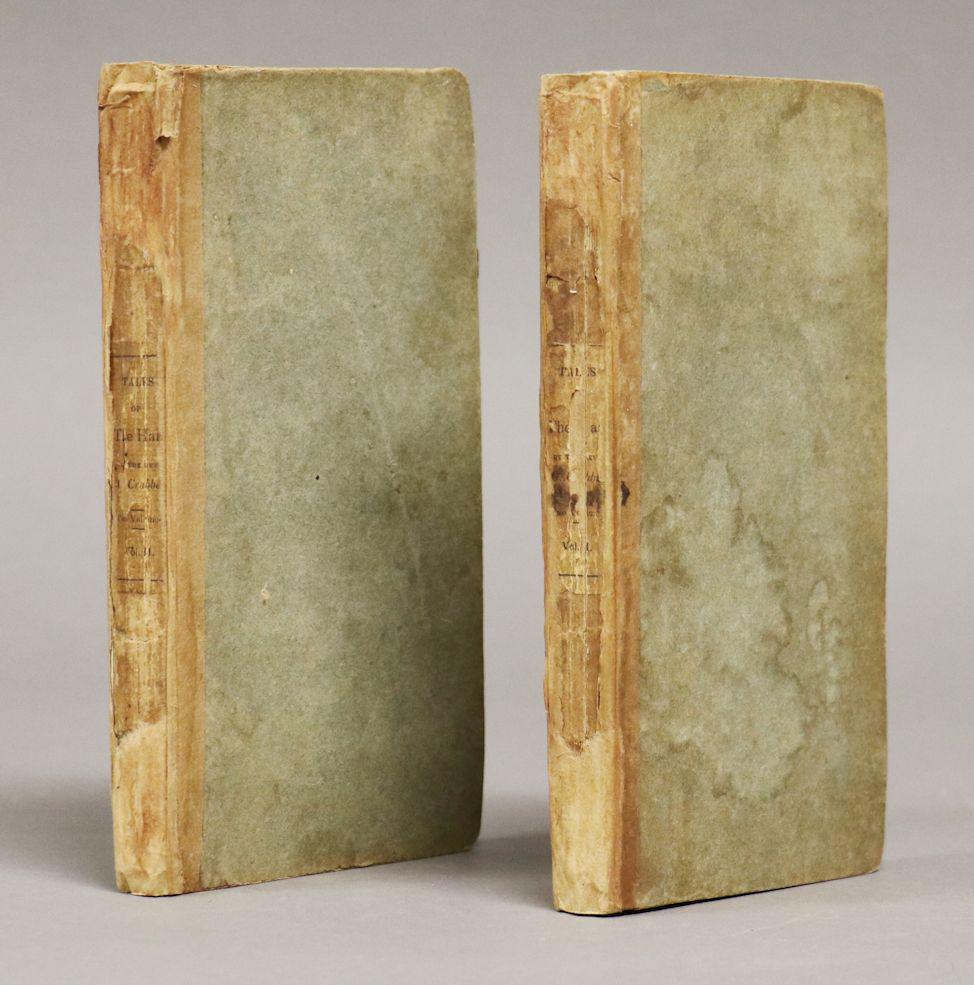 Tales of the Hall, 1st U.S. Edition: Crabbe, George. TALES OF THE HALL. Boston: Wells and Lilly, 1819. 12mo. 2 vols. xxi, [1], 250; ix, [1], 267, [1] pp. As-issued in original boards, printed labels chipped and partly absent, contents un