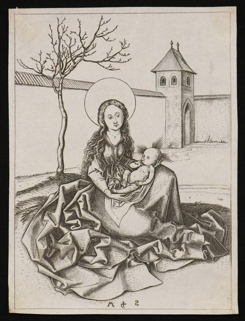 Martin Schongauer, Virgin and Child, Engraving: Schongauer, Martin (1450â€“1491, German.) Virgin and Child in Courtyard. Trimmed within platemarks. Printed on laid paper, measured from thread-lines (or neatlines) 161mm x 118mm. Back-lighting r