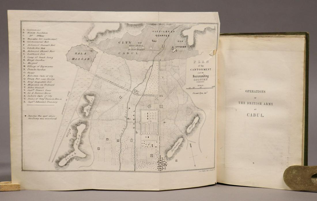 Military Operations in Cabul, 1843: Eyre, Vincent, Lieut. THE MILITARY OPERATIONS AT CABULâ€¦ WITH A JOURNAL OF IMPRISONMENT IN AFFGHANISTAN. London: John Murray, 1843. 2nd edition. 8vo. xx, 330, [4, ads] pp. + folding plan. Origina