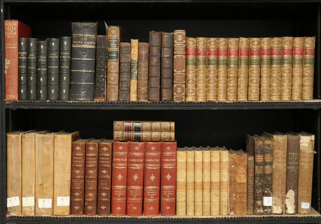 [Shelf-Lot] Literature & Misc., Quantity: Two shelves containing 54 volumes of books, mostly 8vo. Includes volumes 1-12 of Scott's Novels (Edinbrugh, 1871, frontispieces, early half-calf, gilt), Works of John Wesley (NY, 1856, vols 2, 3, 5, a