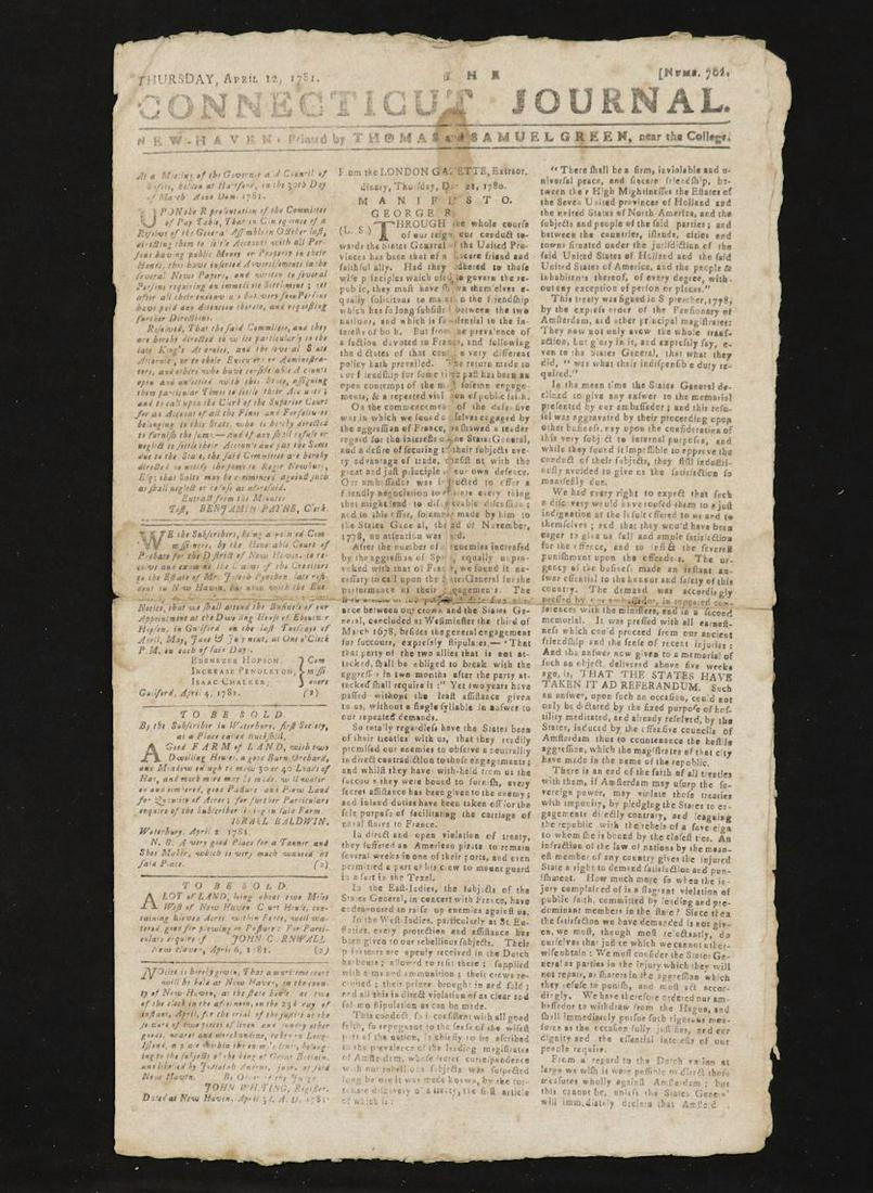 1781, Battle of Cape Henry, Early CT Newspaper: THE CONNECTICUT JOURNAL. THURSDAY, APRIL 12, 1781. NUMB. 702. New Haven: Green, [1781.] Folio, 4 pp. ************* Includes a lengthy report on the Battle of Cape Henry, and also contains King George'