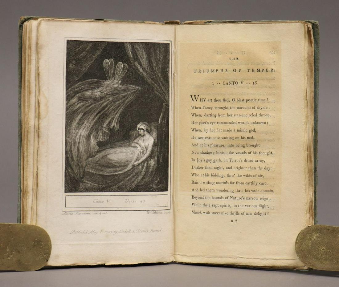 [William Blake Plates] Triumphs of Temper: Hayley, William. THE TRIUMPHS OF TEMPER. Chichester: Seagrave for Cadell, 1803. 12mo. xii, 165, [1] pp. + 6 plates engraved by William Blake after Maria Flaxman. An untrimmed copy in original plain bo