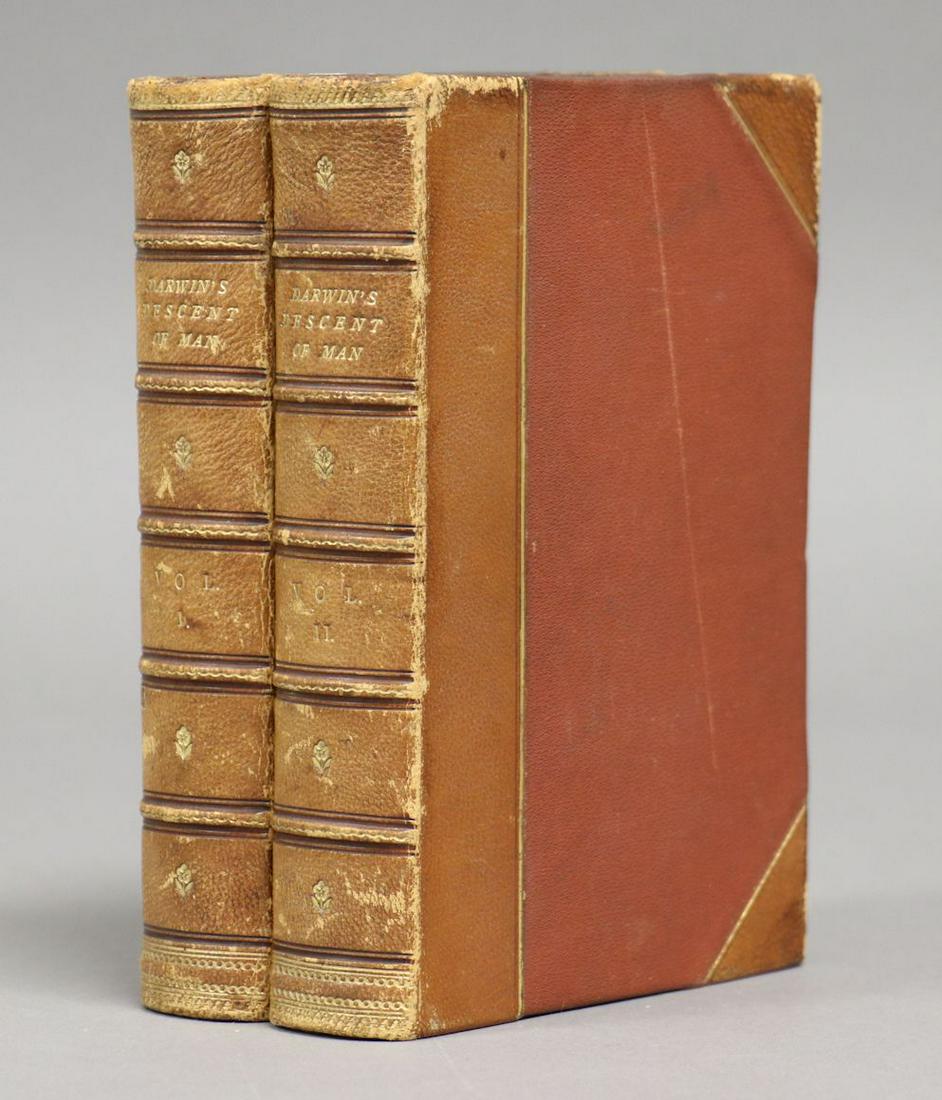 Charles Darwin. Descent of Man, 1871: Darwin, Charles. THE DESCENT OF MAN, AND SELECTION IN RELATION TO SEX. London: John Murray, 1871. 2 vols. Illustrated. [iii]-viii, 423, [1]; [iii]-viii, 475, [1] pp. Ads and half-titles not bound in t
