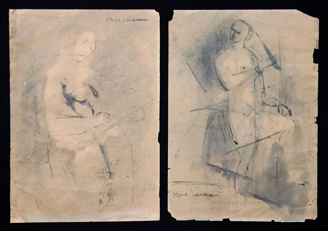 Marie Laurencin, Pair of Ink Wash Studies: Marie Laurencin (1883-1956.) Pair of signed ink wash studies by this notable Parisian avant garde artist. As seen here, her work shows the influence of Cubist painting. Done on thin wove dark-tan pape