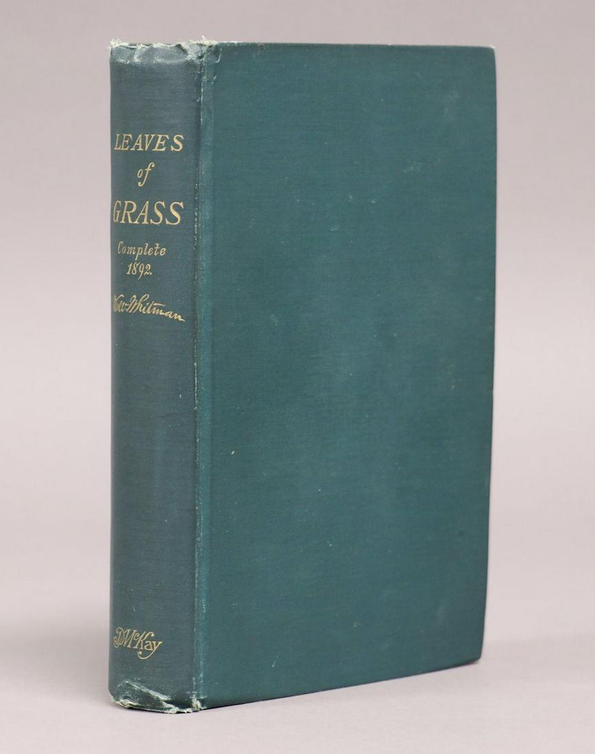Walt Whitman, Leaves of Grass: Whitman, Walter. LEAVES OF GRASS. Philadelphia: McKay, 1891-2. 8vo. 438 pp. Original publisher's green cloth. ************ Whitman's final arrangement of the work. BAL 21441, 2nd printing. Bookplate o