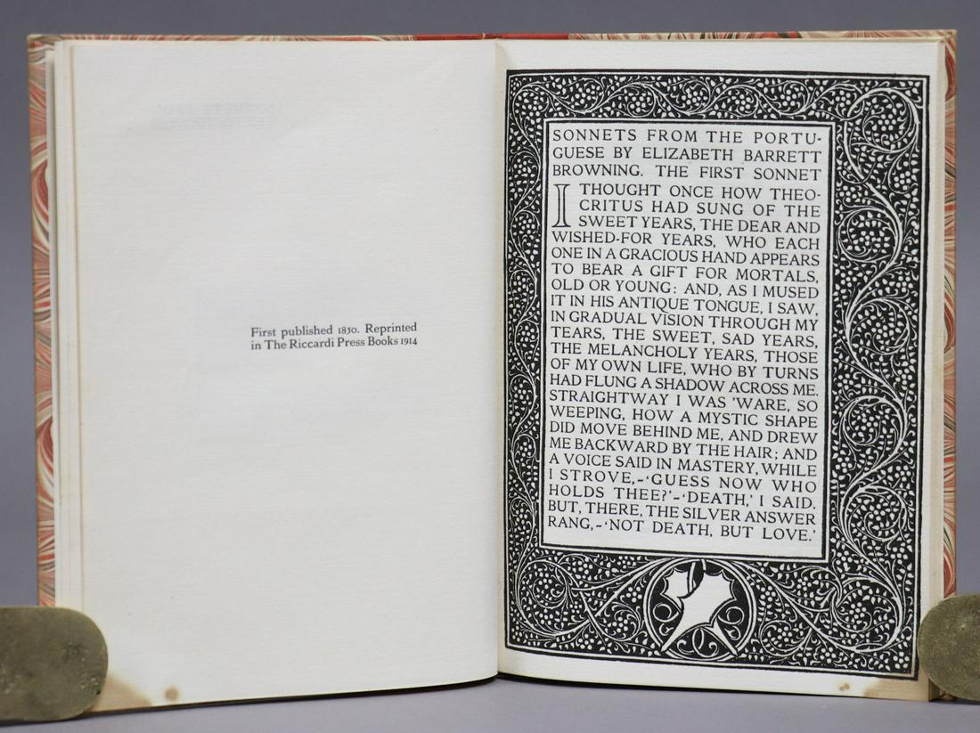 Riccardi Press, Limited Ed., Browning: Browning, Elizabeth Barrett. SONNETS FROM THE PORTUGUESE. Riccardi Press, 1914. 7.75" x 5.5". 1/4 morocco over marbled boards. #206 of 350 copies bound by Sangorski and Sutcliffe.