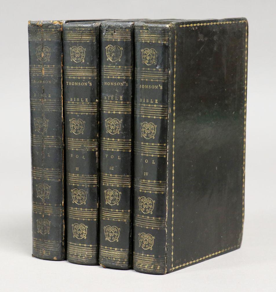 Thomson, Jane Aitken Bible, First Edition: THE HOLY BIBLE, CONTAINING THE OLD AND NEW COVENANTâ€¦ TRANSLATED FROM THE GREEK. BY CHARLES THOMSON. Philadelphia: Jane Aitken, 1808. 8vo, 4 volumes set. Collates complete: [*]2, A-3R4, 3S2; [*]2