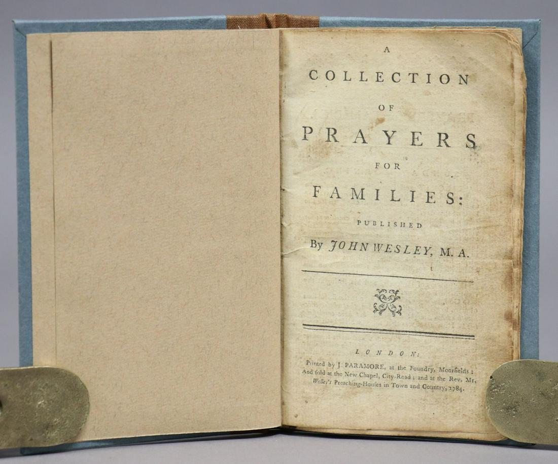 John Wesley. Collection of Prayers: Wesley, John. A COLLECTION OF PRAYERS FOR FAMILIES. London: J. Paramore, 1784. 12mo. 28 pp. Modern 1/4 cloth over paper boards with printed label. ********* EXTREMELY SCARCE with ESTC locating only 3