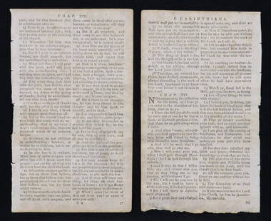 Aitken Bible Leaves, 1781: AN ORIGINAL LEAF FROM THE FIRST BIBLE PRINTED IN ENGLISH IN AMERICA. Includes TWO leaves printed by Robert Aitken in 1781. This presentation is in a Limited Edition of 1000 copies, by Jonathan Byrd's