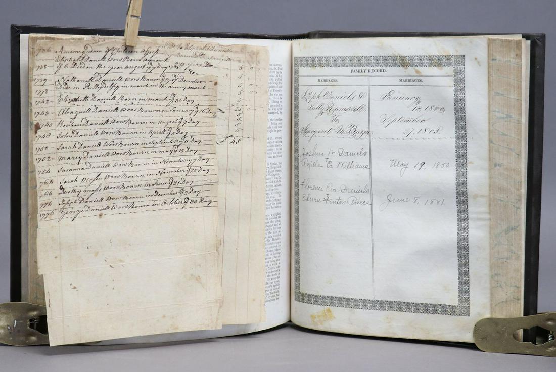 Eliphalet Daniels' Descendants Bible: THE HOLY BIBLE. Hartford: Andrus and Son, 1843. 4to, illustrated with plates, rebound with panels from original boards trimmed and laid on. ************ The Joseph Daniels Bible, with 3 earlier 18th c