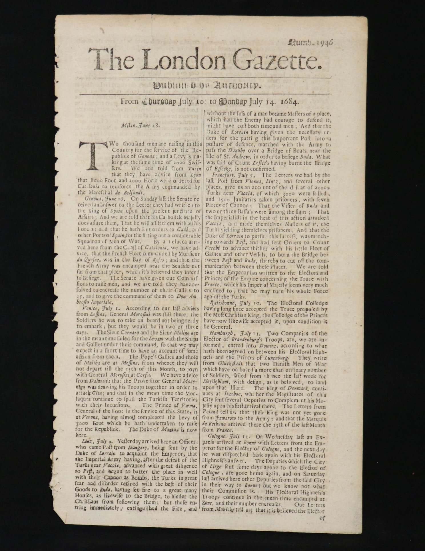 [Runaway Slave]  1684 London Gazette (1 of 3)