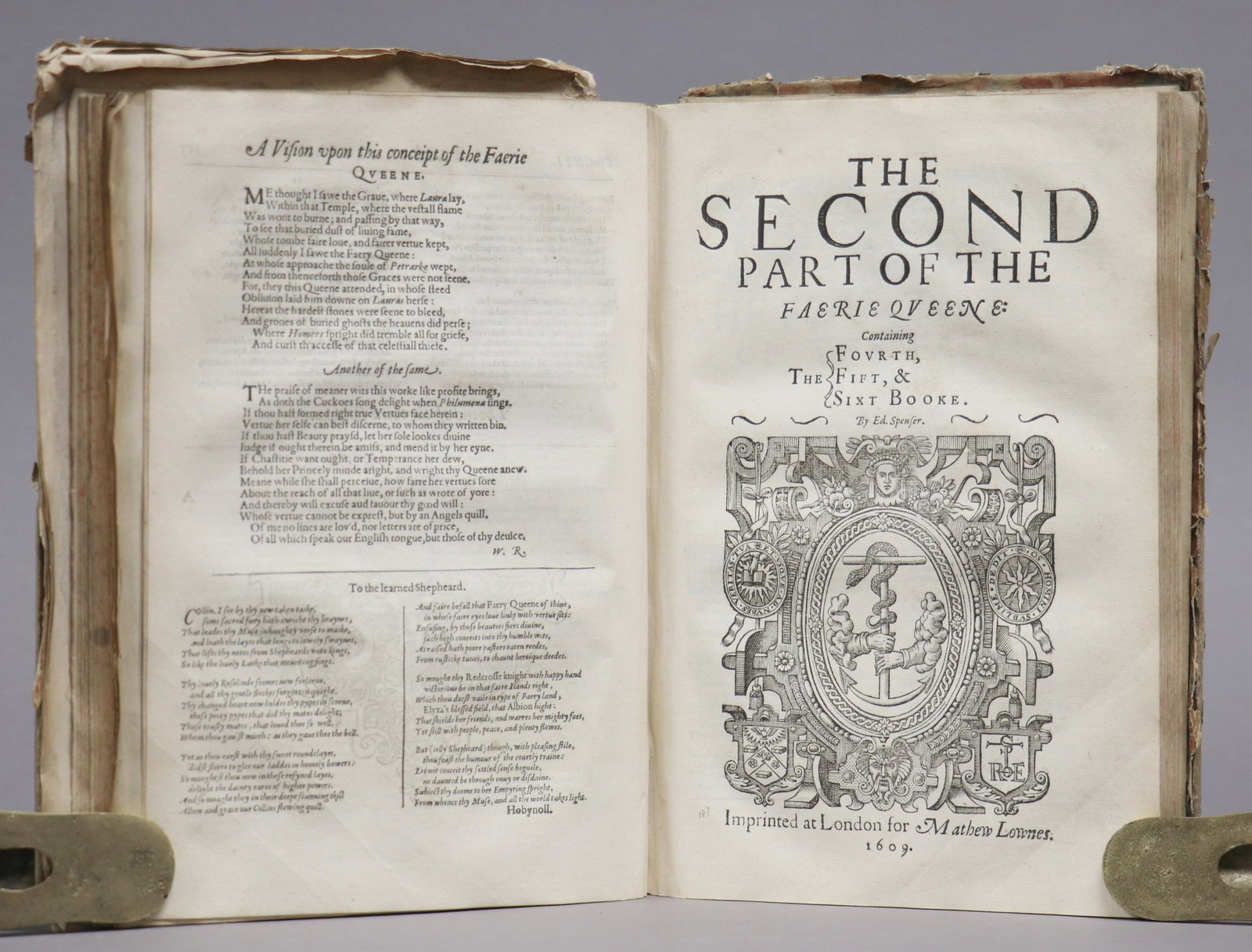 1609, Faerie Queene, Spenser: Spenser, Edmund. [FAERIE QUEENE.] [London: Lownes, 1609.] Folio. Lacks title-page and final blank; pages 1-10 supplied from another copy (laid in, a with loss from some repaired chips.) Collates 363, 