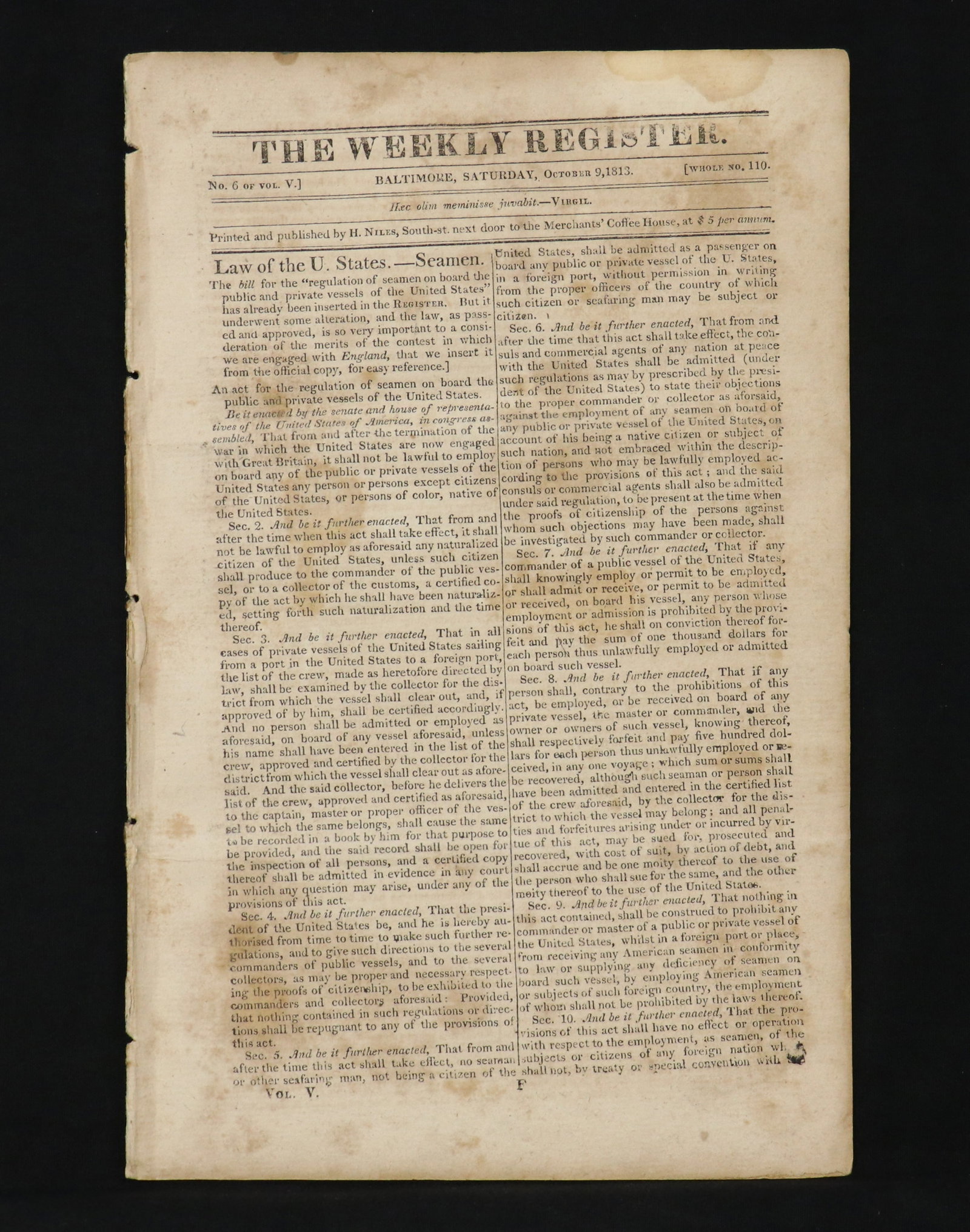 [War of 1812, Tecumseh]: "The Weekly Register. Baltimore, Saturday, October 9, 1813." 8vo, disbound. 89–104 pp. Includes much material on the war of 1812, including mention of Tecumseh ("I conquer to save, and you to murder