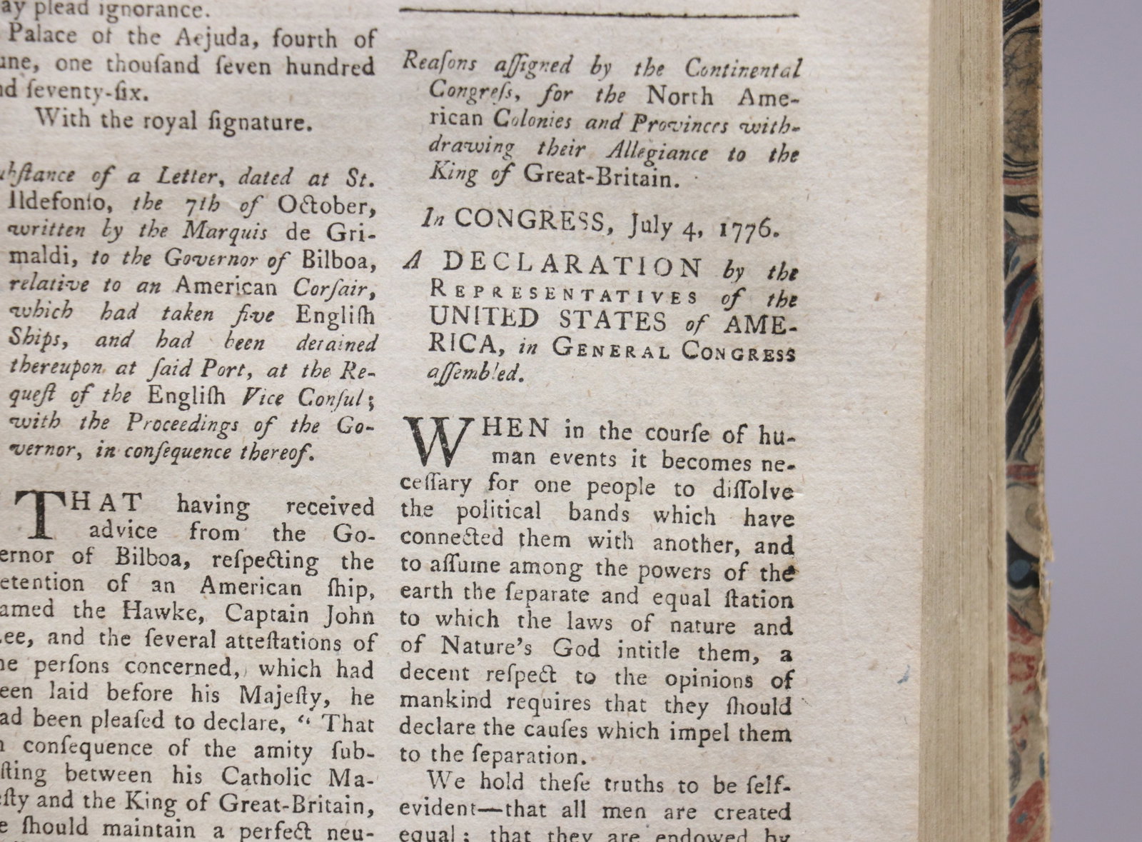 [Declaration of Independence]: The Annual Register… for the Year 1776. Fourth Edition. London: Dodsley, 1788. 8vo. Period 1/2 calf over marbled boards. *********** Contains an early printing of the DECLARATION OF INDEPENDENCE, fo