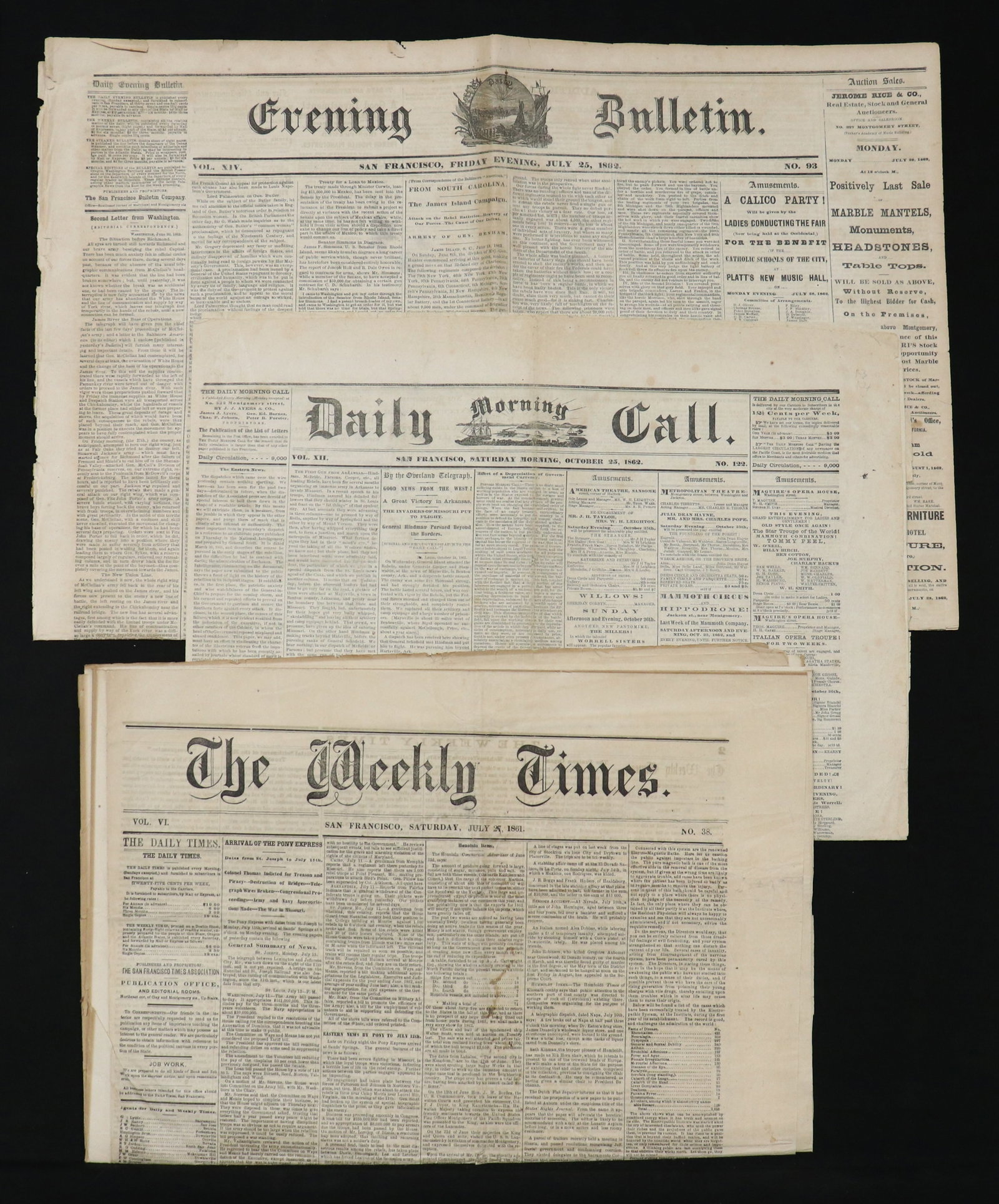 Pony Express, Civil War, Group of Items: Lot of 3 San Francisco newspapers from 1861-1862. Including: Evening Bulletin, July 25, 1862 (4 pp.); Morning Daily Call, October 25, 1862 (4 pp.); and The Weekly Times, July 27, 1861 (8 pp.) Large fo