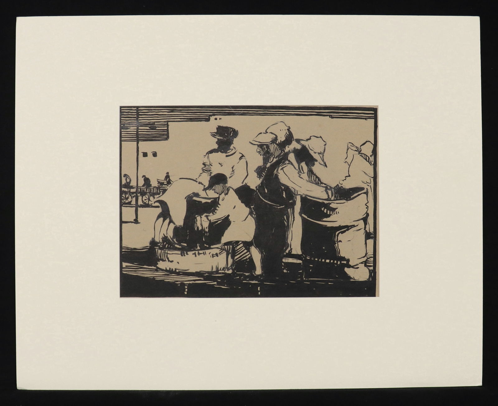 Millard Sheets, Original Artwork: Millard Sheets. Untitled, Scavengers. Ca. 1927. Pen/ink, 11" x 8" on larger artist's board, tipped in to matting (overall 20" x 16".) ************ Extremely early ink drawing my Millard Sheets, done w