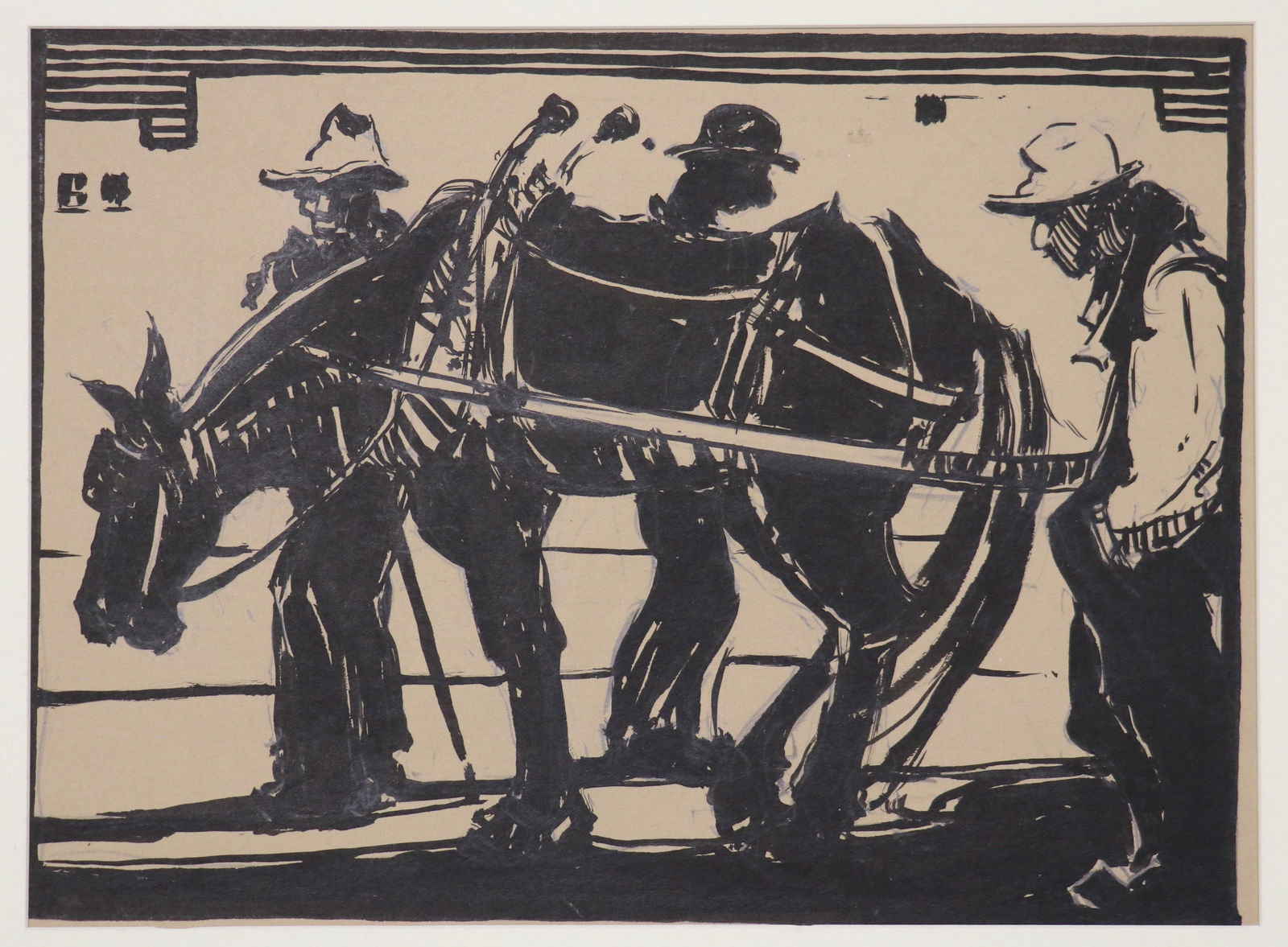 Millard Sheets, Original Artwork: Millard Sheets. Untitled, Four Swaybacks. Ca. 1927. Pen/ink, 11" x 8" on larger artist's board, tipped in to matting (overall 20" x 16".) ************ Extremely early ink drawing my Millard Sheets, do