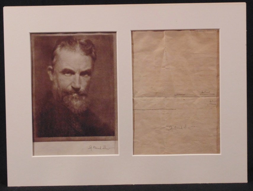 Shaw, George Bernard. Signed photo and letter.: Signed by Shaw. Very faded and type not legible though Shaw's signature and corrections still bold. The accompanying photos is also signed by Shaw. Each piece is mounted and with matting.