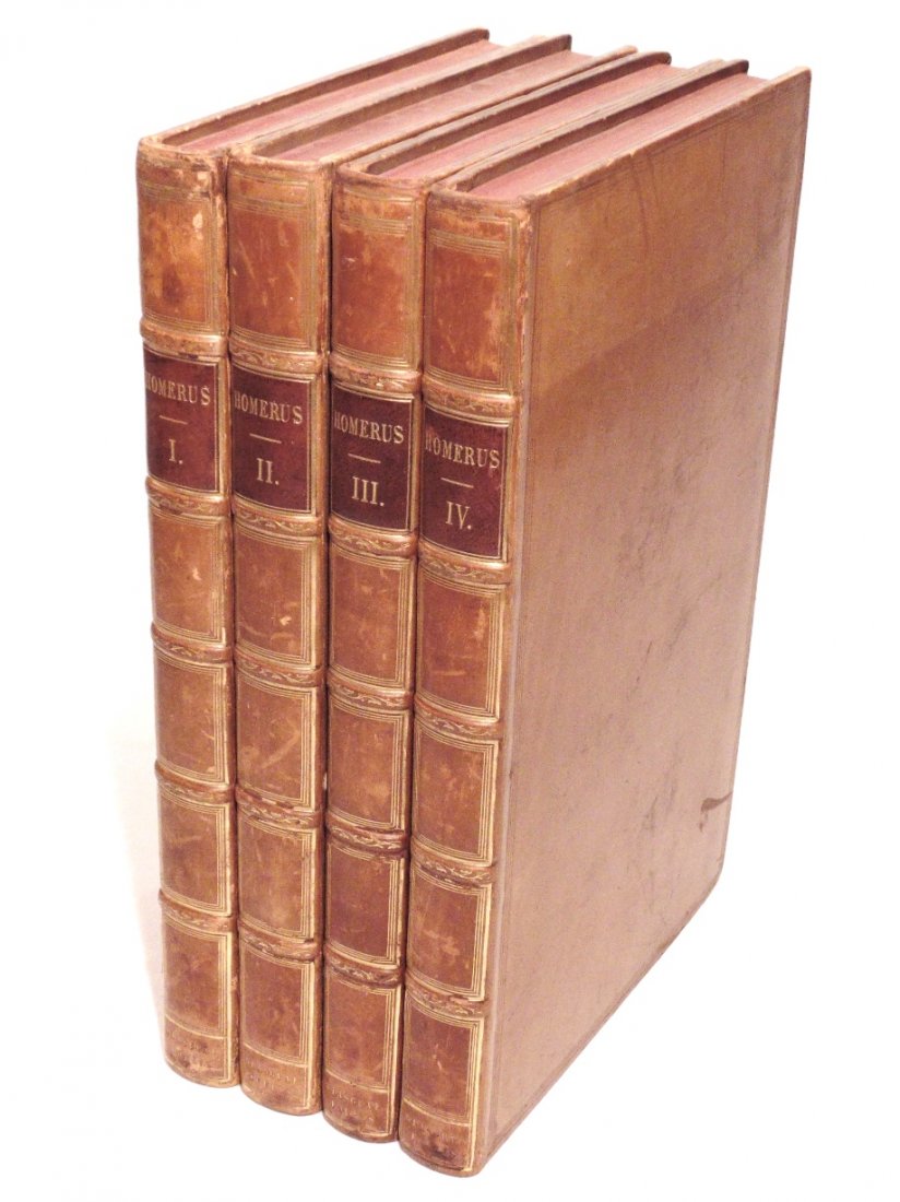 Homer. [Works] Foulis 1756-8: Homer. [Opera. Ilias & Odyssea. Title in Greek]. Glasgow: Robert and Andrew Foulis, 1756-8. 4 volumes. 13" x 8". Titles to each volume, no general title (as typical), volumes one and two wanting half-