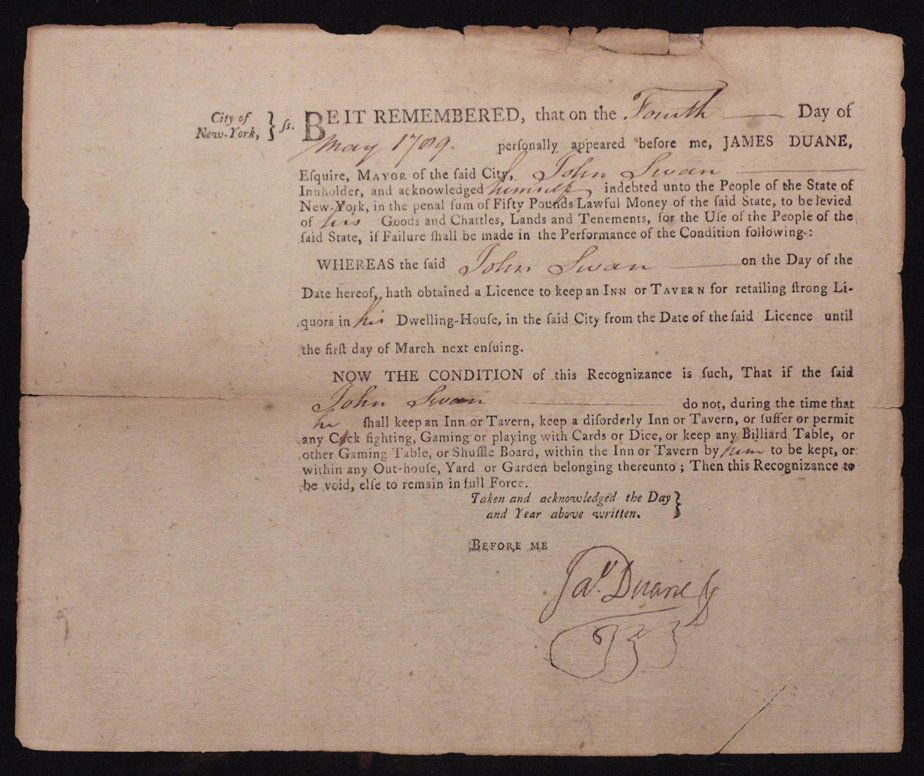 [New York City] James Duane: Partially printed signed document dated May 4, 1789, being a permit for John Swan to keep and inn or tavern. 7.5" x 6". Moderately toned with some light chips to edges, with four tape repairs to verso