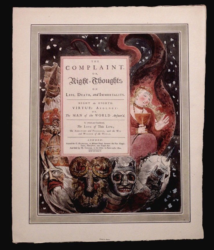 William Blake. Illustrations to Night Thoughts: Blake, William; Keynes, Geoffrey. ILLUSTRATIONS TO YOUNG'S NIGHT THOUGHTS DONE IN WATER-COLOUR BY WILLIAM BLAKE. Cambridge (MA): Printed for the Fogg Museum of Art by the Press at Harvard College, 192