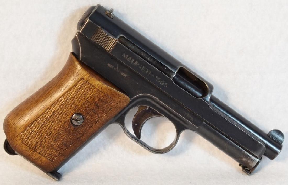 Mauser Model 1910, 32 Automatic: 9 Shot Magazine, 3 Inch Barrel, Checkered Walnut Grips Only Made 1910-1934, Marked On Side Of Frame "Waffenfabrik Mauser", A-G Oberndorf An Mauser, Patent. With A Nice Mauser Banner On Left Side. Used