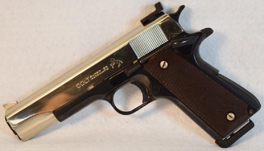 Colt Patent Firearms, 38 Super Automatic: 7 Shot, 38 Super Caliber, 2 Tone Finish, Nickle Slide, Blue Finish Bottom, Adjustable Target Sight, 1911 Style, Thumb Safety, Grip Safety Ser# 201193