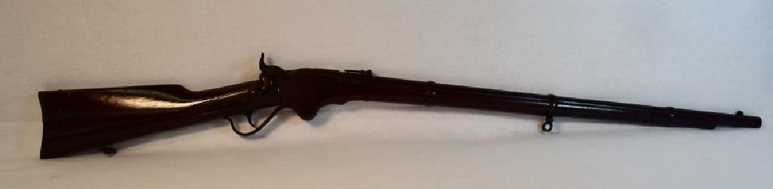 Spencer Model 1860: Civil War Rifle, Marked On Top Of Frame "Spencer Repeating Rifle Company". Boston Mass. Pati'd March 6 1860. Ser# 2330, 52 Caliber, 12 Shot, Rear Sight Adjustable Range Upto 1000 Meters, Gun Is All Or