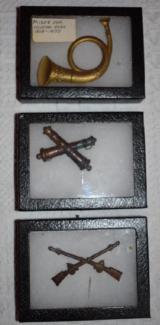 Civil War Hat Pins: Three Civil War Brass Hat Pins; Infantry Horn, Artilary crossed cannons and cross rifle.