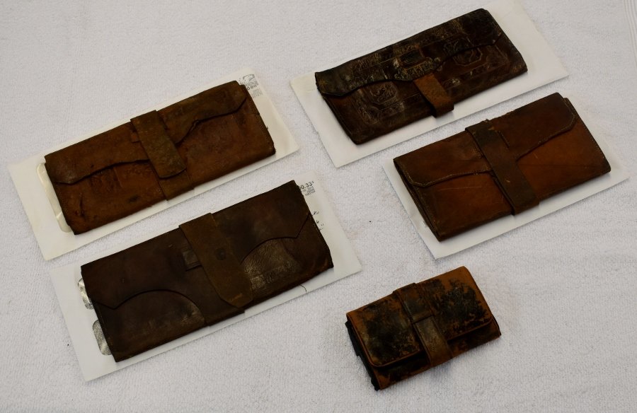 Collection of Five 19th c. Antique Leather Wallets: 3-Civil War Era leather wallets, 1-Sized for currency, 1828/1829 1-Small