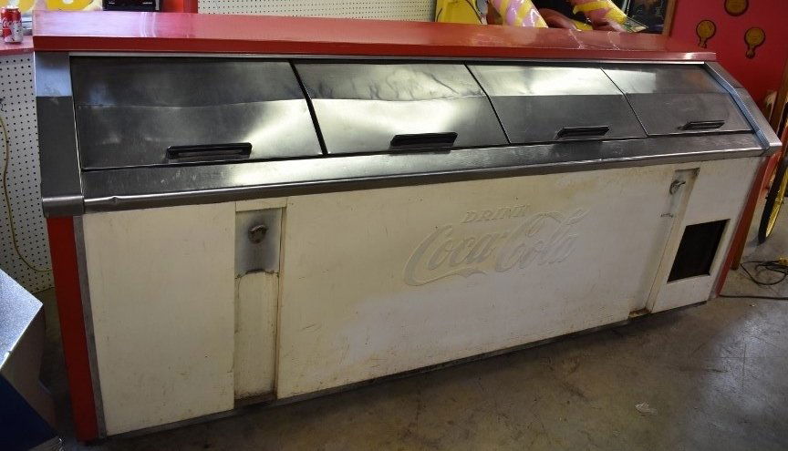 Coca-Cola Cooler: Missing side panel door has both bottle openers, original paint, unit runs and cools