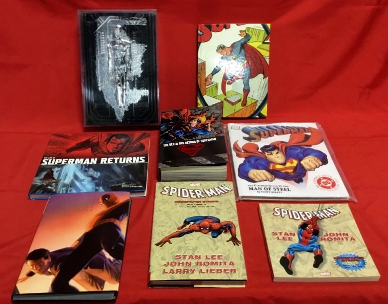 Lot of 8 Hardback books: Superman, Spiderman, and others (Is missing DVD)