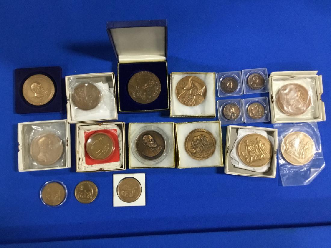Lot of Commemorative Bronze Medals: To Peace and Commerce, Founding of Santa Fe, Gatling Gun Centennial, James Buchanan, Martin Van Buren, Thomas Jefferson, Andrew Johnson Presidential Bronzes, etc. 18 Total Bronzes