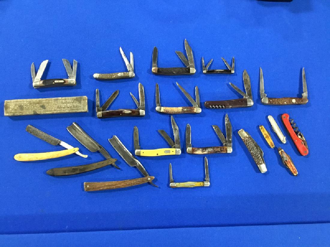 Lot of 19 Straight razors and various knives: Case, Boker, Kbar, Schrade, and others. One Waldorf straight razor, One Joseph Rogers Straight Razor.