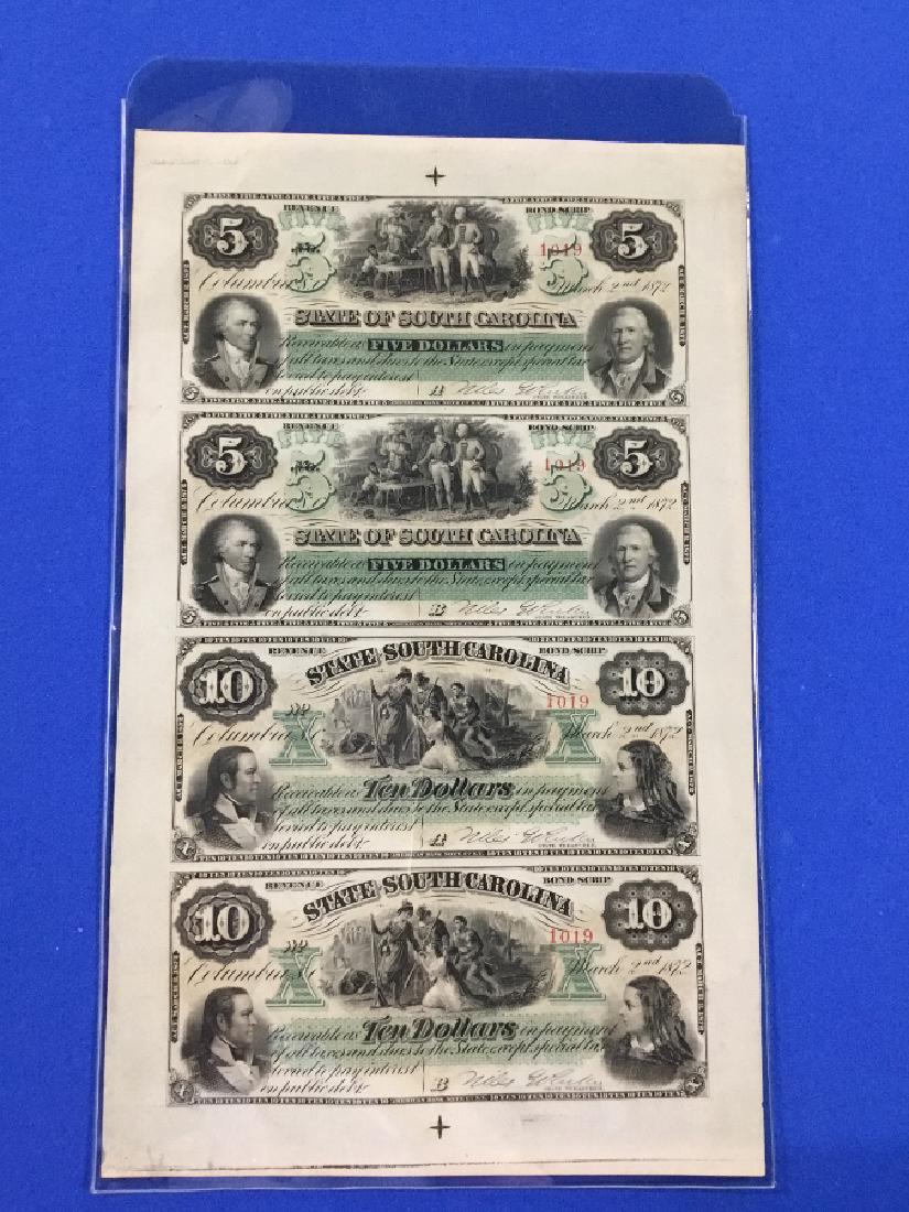 Uncut sheet 1872 The State of South Carolina Notes: Uncut sheet 1872 The State of South Carolina Notes