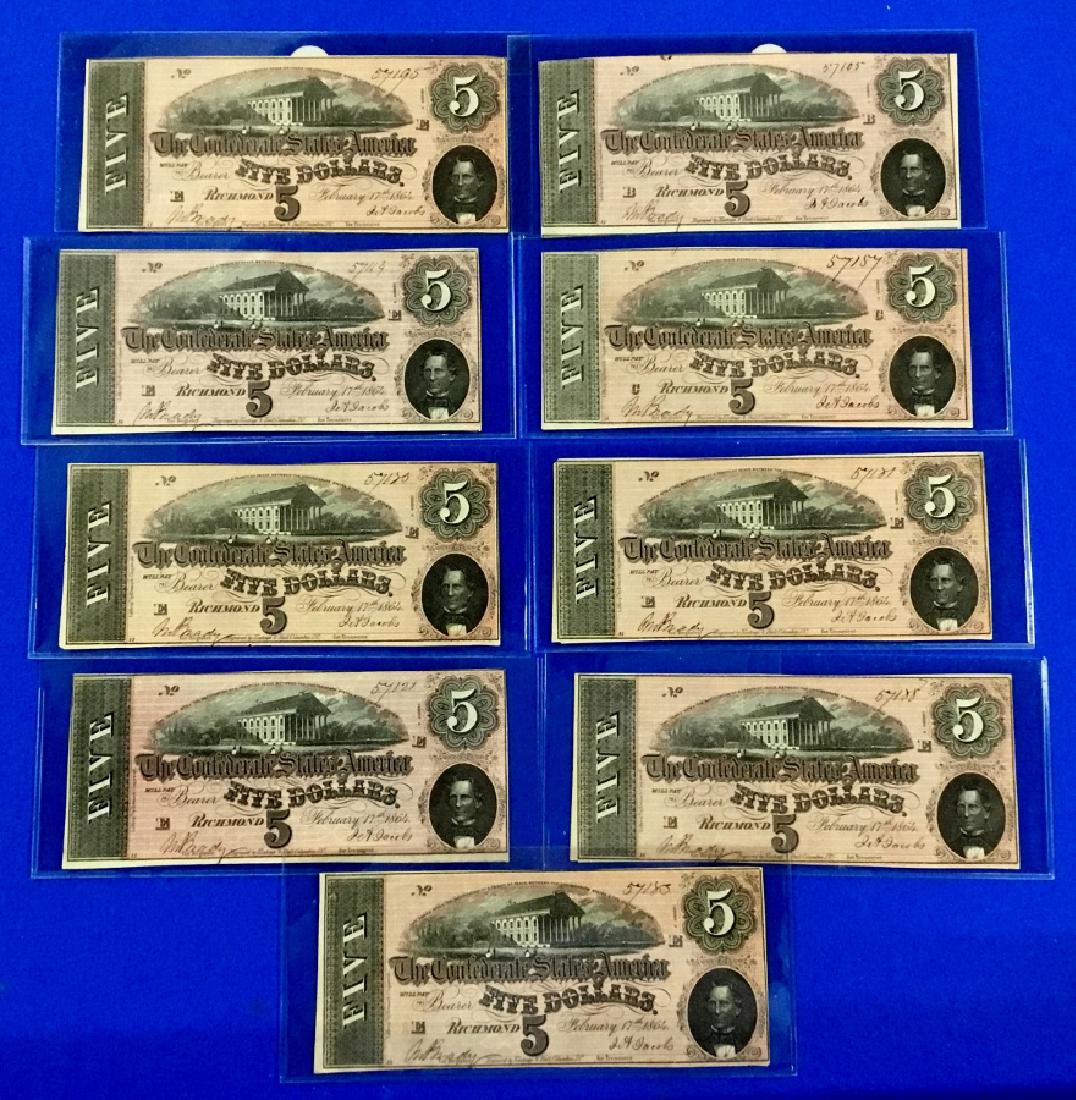 Lot of 9 CSA Notes: F69 Five Dollar Confederate Notes