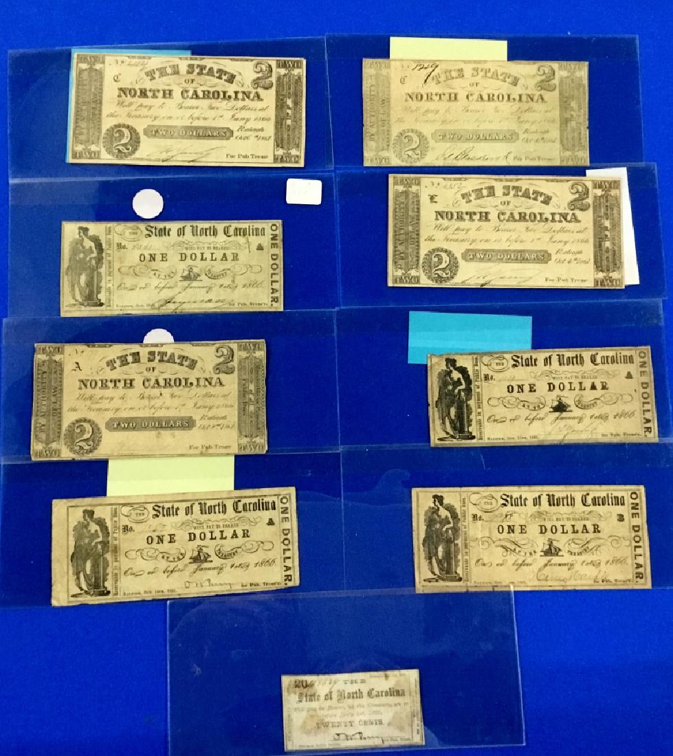 Lot of 9 North Carolina Notes: 20 Cent, One Dollar, Two Dollar Notes