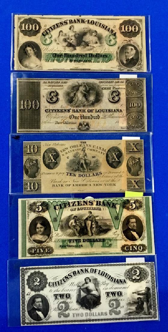 Lot of 5 Louisiana Notes: Two Dollar, Five Dollar, Ten dollar and 2-100.00 Notes