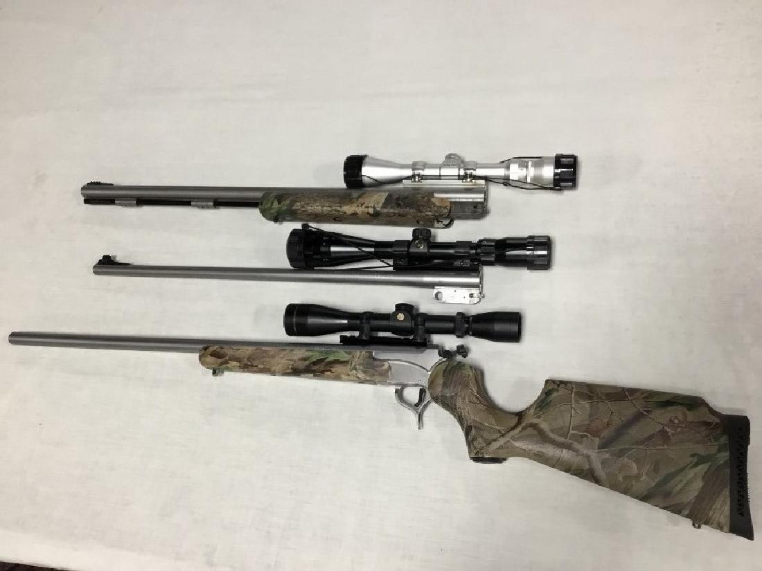 Thompson Centers Encore 50 Caliber with Simmons Scope: VG used condition, 2 extra barrels. Serial Number S43340, Simmons 3x9 scope. 22-250 Barrel with Leupold 3x9 scope and 270 Barrel with Shooters Edge 3x9 scope.