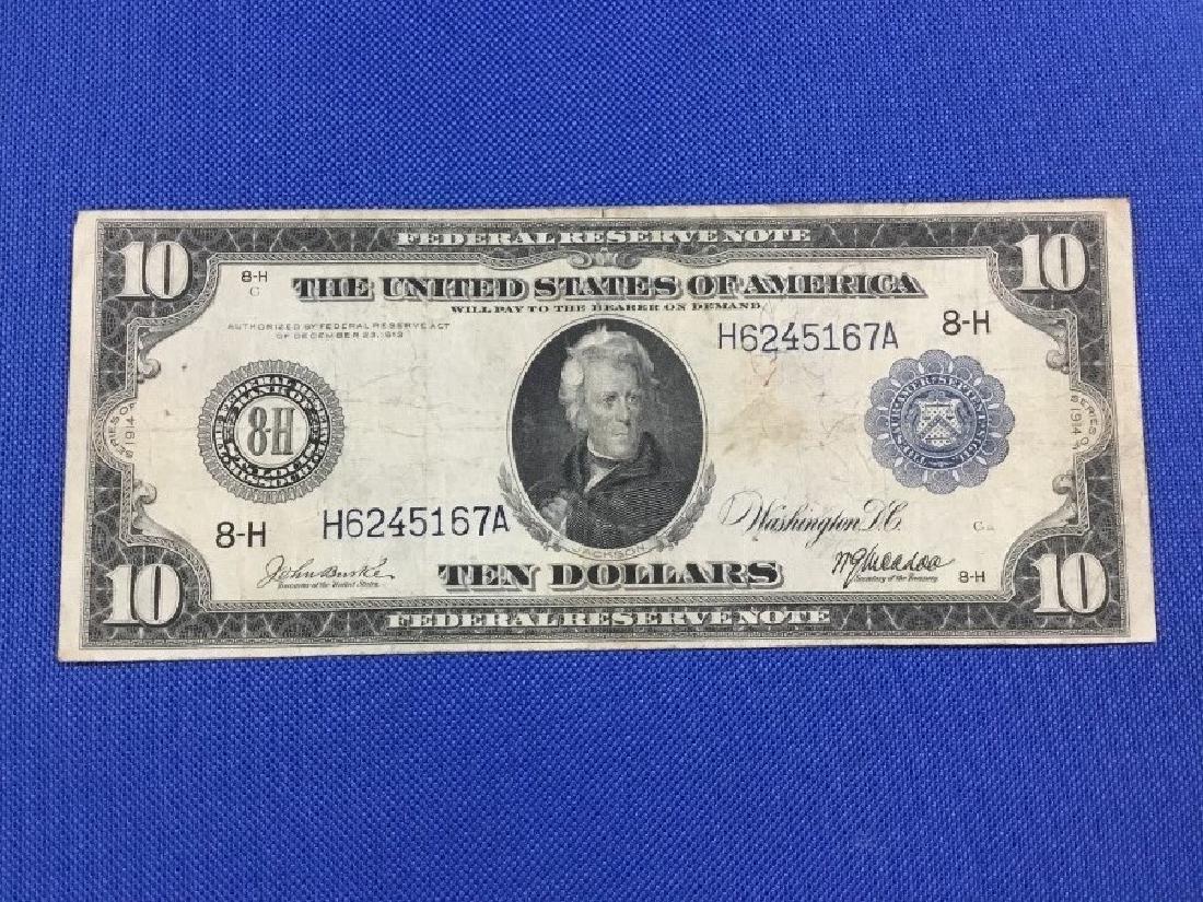 1914 $10 Federal Reserve Blue Seal Jackson Note: Serial number H6245167A, Fine.
