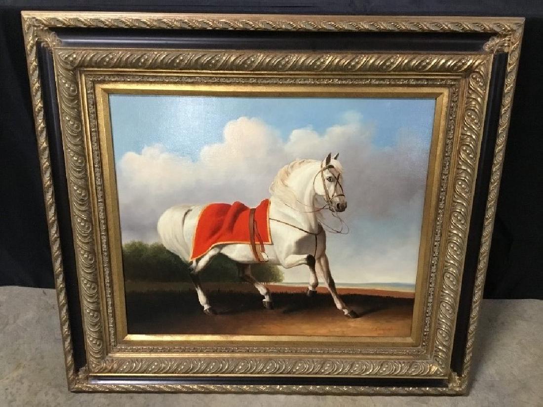Fine Signed Lipizzaner Horse Oil Painting: Beautiful oil on canvas painting signed by artist P. English. Fitted with a classic black and gold finish frame. Photos do this painting no justice. VGC, ready to hang with steel wire at back. Canvas