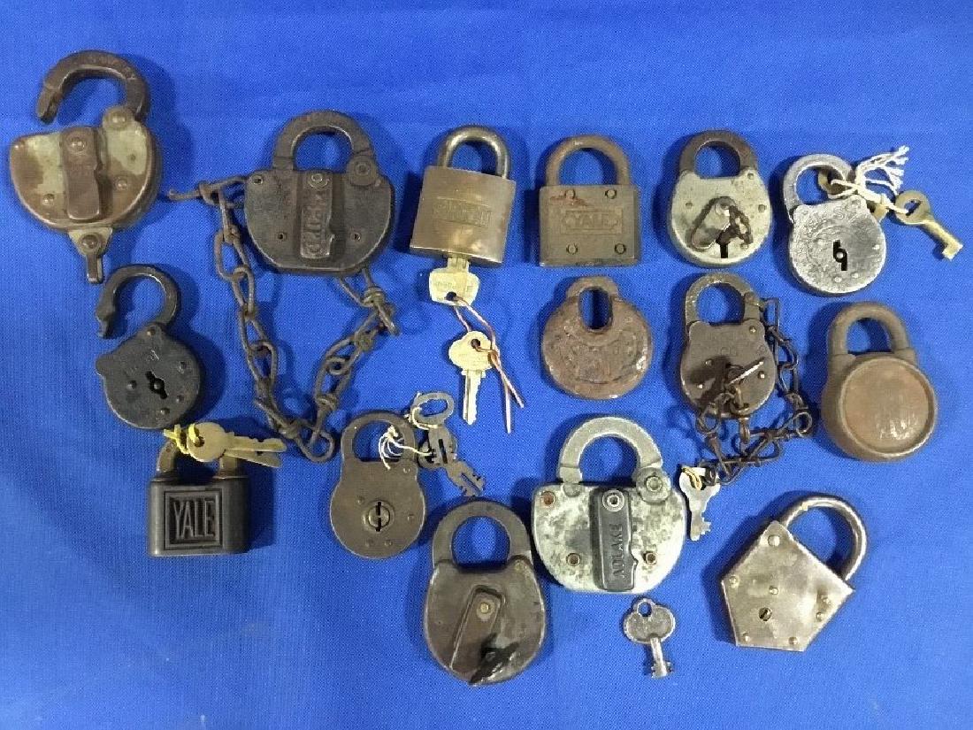 Collection of 15 Railroad Locks: Some have keys. Adlake, Yale, CM and St. PRR, Sargent, and others. All in various found condition.