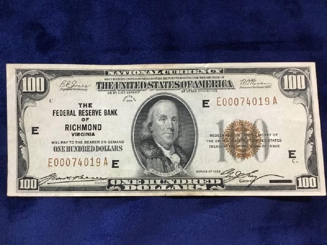 1929 $100 Richmond Note: Serial Number E00074019A