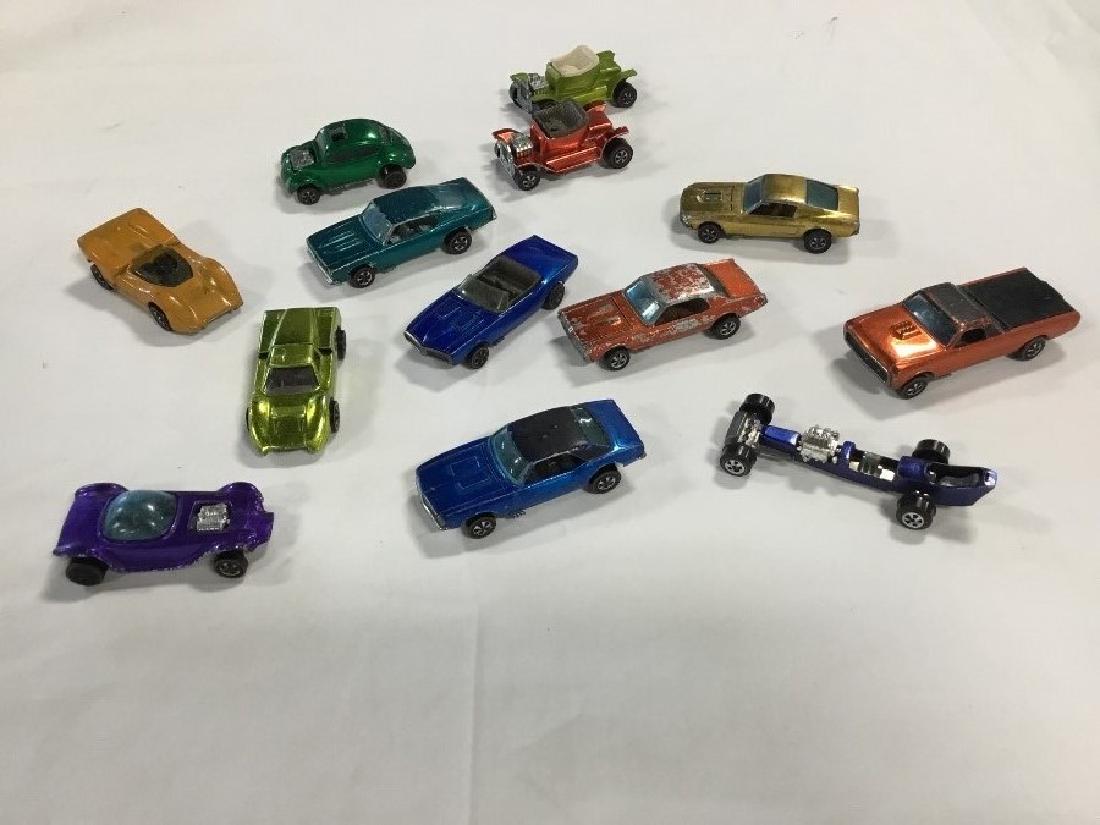 Lot of 12 Vintage Redline Hotwheel Cars: Hotheap 1968, Barracuda 1967, Dragster, Firebird 1968, Fleetside 1967, Cougar 1967, Ford J Car 1967, Mustang 1967, Volkswagon 1967, Camaro 1967, Beatnik Bandit 1967, Mclaren 1968. Found condition.